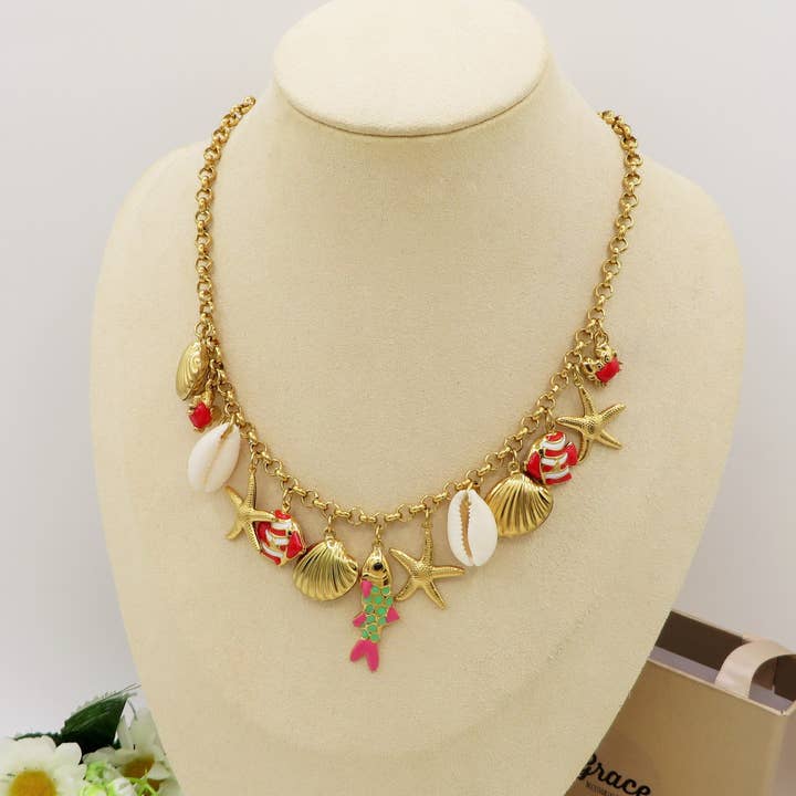 Daemon srls - Wholesale Pendant/Charm Necklace - REEF - Collana con MAXI charms marini smaltati in ACCIAIO INOSSIDABILE + conchiglie madreperla1