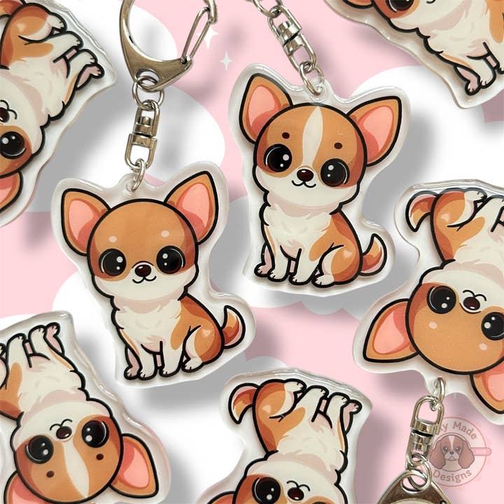 Tan Chihuahua Acrylic Dog Keychain with Epoxy Resin | Easy-Clip, Cute Dog Cartoon, Hand-Drawn Design, Dog Lover Gift for wholesale by Milly Made Designs