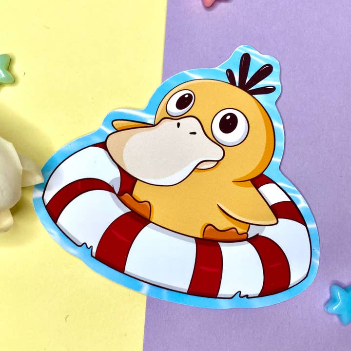 Psyduck Pokemon Summer Vinyl Sticker| Nintendo Fan art for wholesale by The little birdee co