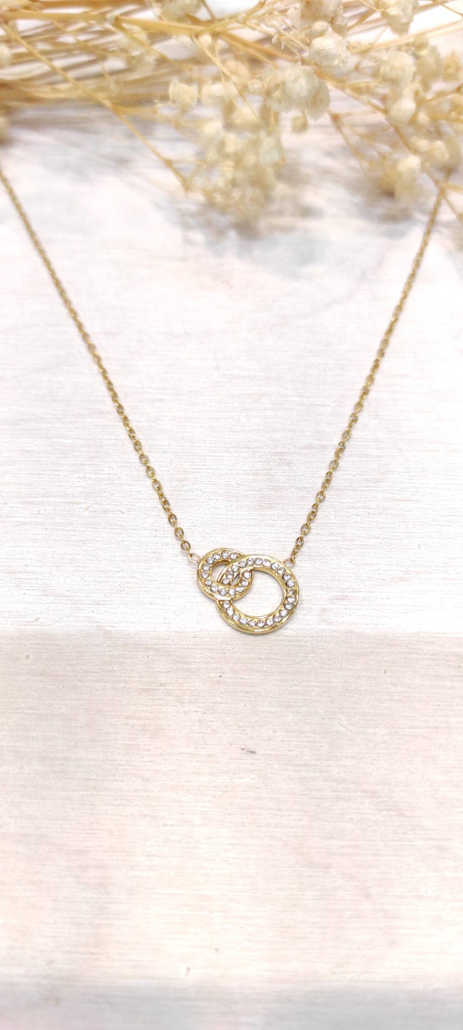 Gold Double ring rhinestone necklace for wholesale on Faire