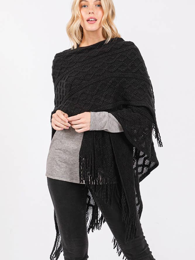 Hana – wholesale Cardigan – Women’s – Diamond Pattern Tassel Knit Ruana Winter Cardigan11