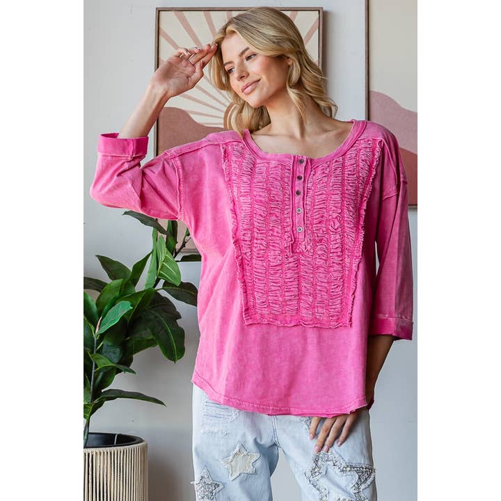 Oli&Hali - Wholesale Knit Top - Women's - SMOCKED FRONT HENLEY NECK OVERSIZED TOP