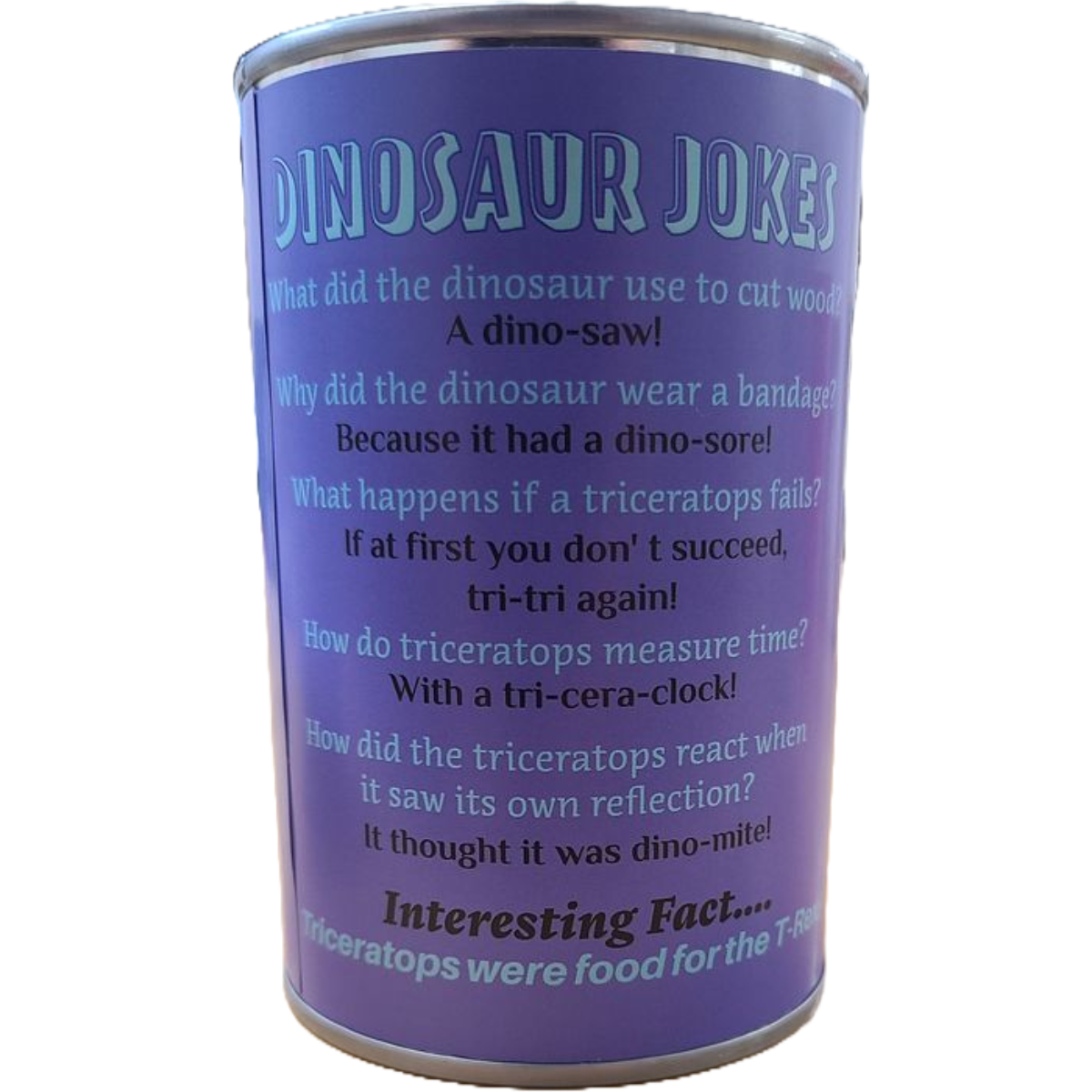 Canned Gifts – Großhandel Kuschel-/Plüschtier – Kind & Baby – Spike, der Triceratops Stoffdinosaurier in der Dose mit lustigen Witzen1