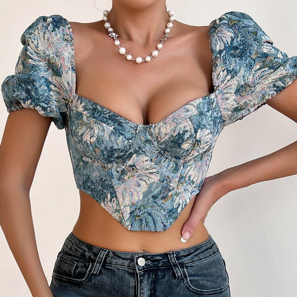 EmberLoom - Wholesale Blouse - Women's - Floral Pattern Corset Top with Puff Sleeves5