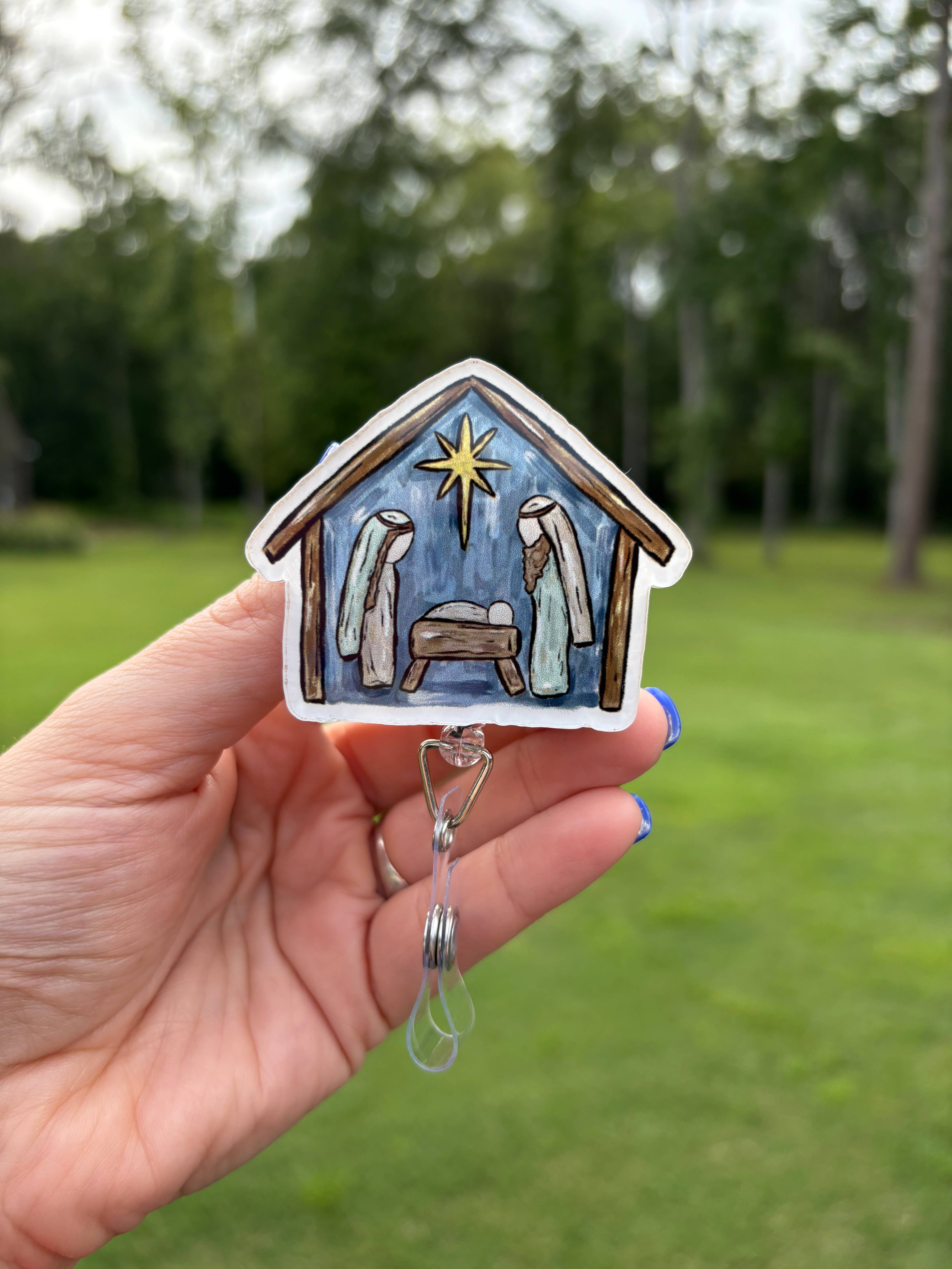 Hello Darling Designs - Vente Accessoire de badge – femme - Badge enrouleur acrylique scène de la Nativité0