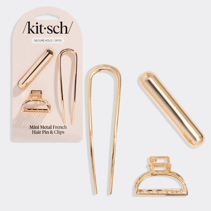 Mini Metal French Hair Pin & Clips 3pc Set - Gold for wholesale by KITSCH