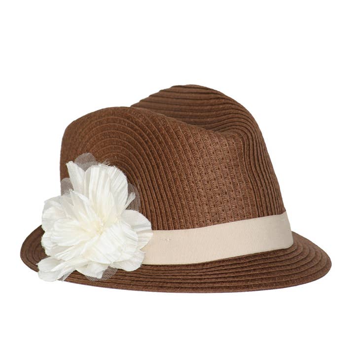 Chapeau Fedora Born to Love Girl en paille avec fleur pour la vente par Born To Love