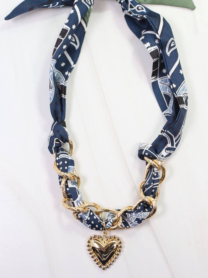 Santee Scarf Charm Necklace Navy Green for wholesale by Caroline Hill