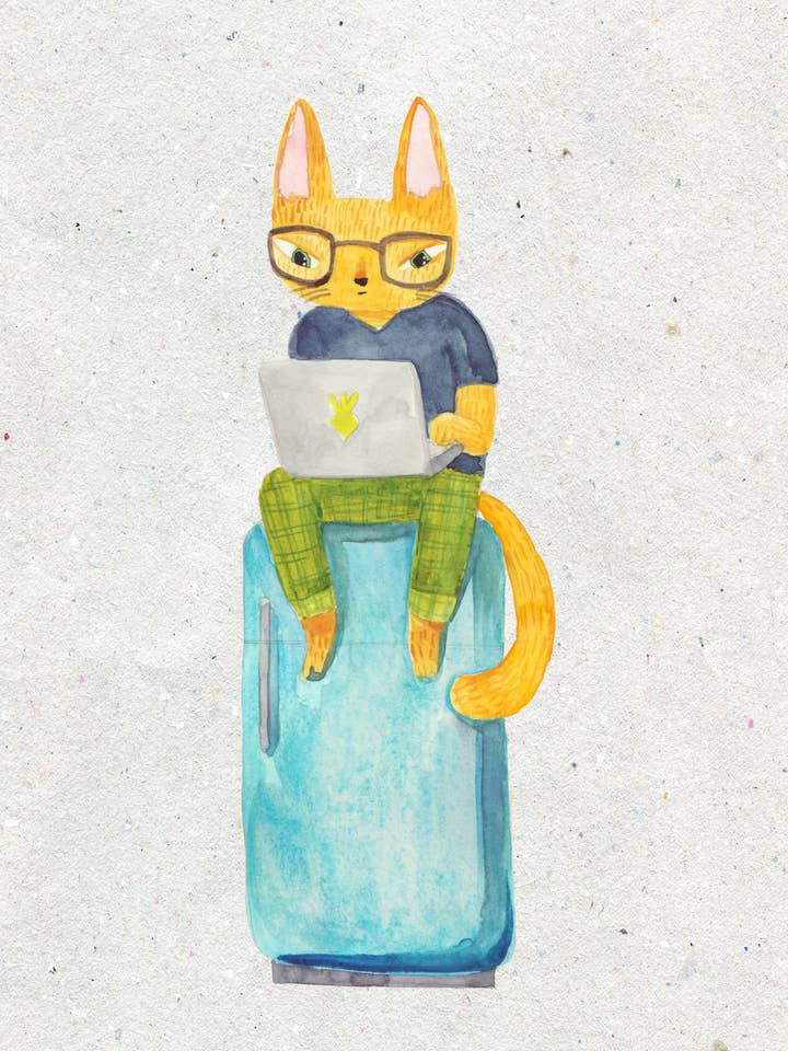 Imprimé chat affamé pour travailler à domicile pour la vente par Surfing Sloth