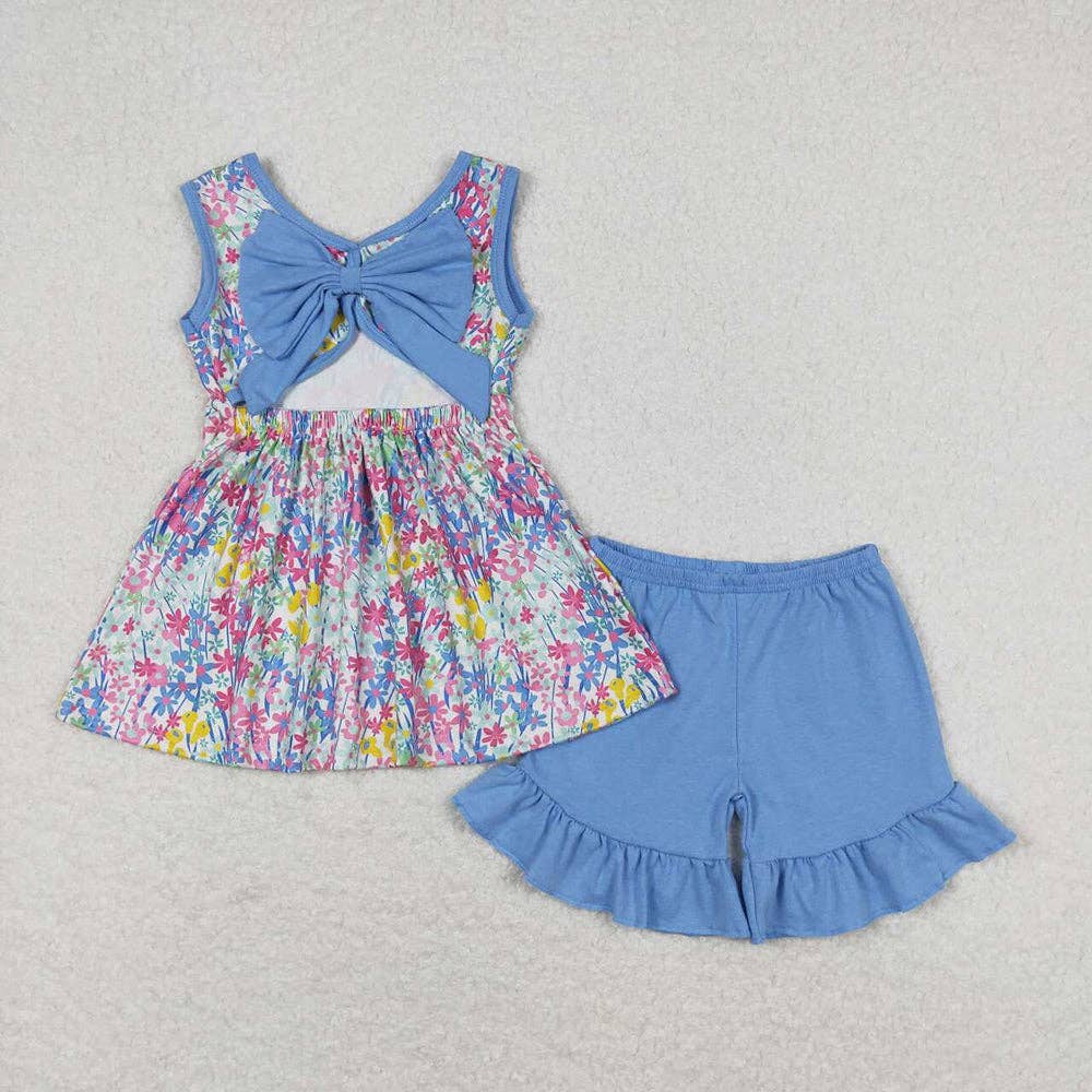Aier Wholesale - Wholesale Top & Short Set - Kids - Baby Girls Blue Flowers Bow Tunic Top Ruffle Shorts Clothes1