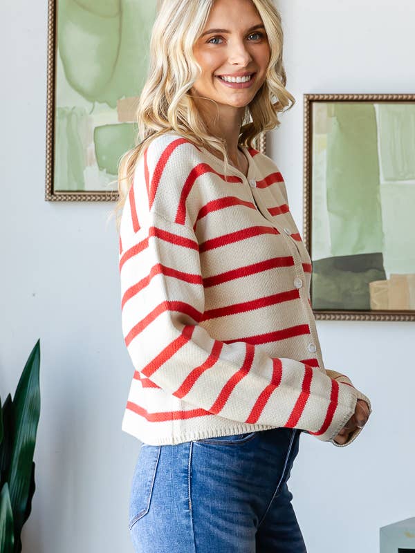 miroh - Wholesale Cardigan - Women's - STRIPE BUTTON UP CARDIGAN (BLUE)12