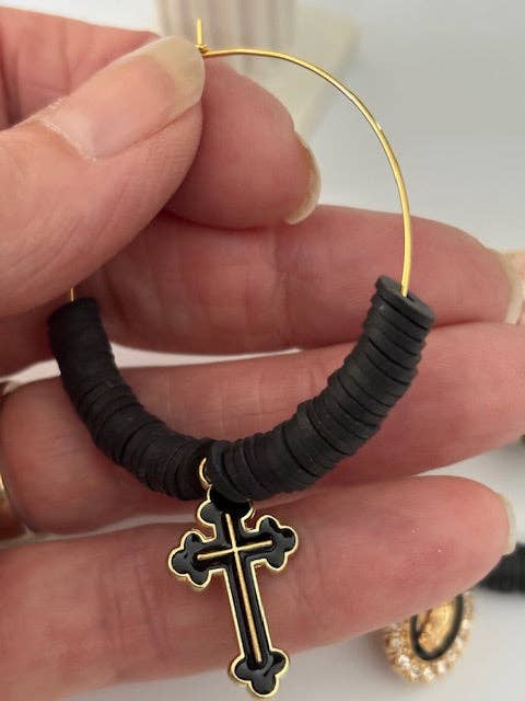 Miss DJ Angel – wholesale Hoop earrings – Ex-voto hoop earrings, asymmetrical ex-voto hoops, religious earrings, cross medal charm and Virgin medal charm1