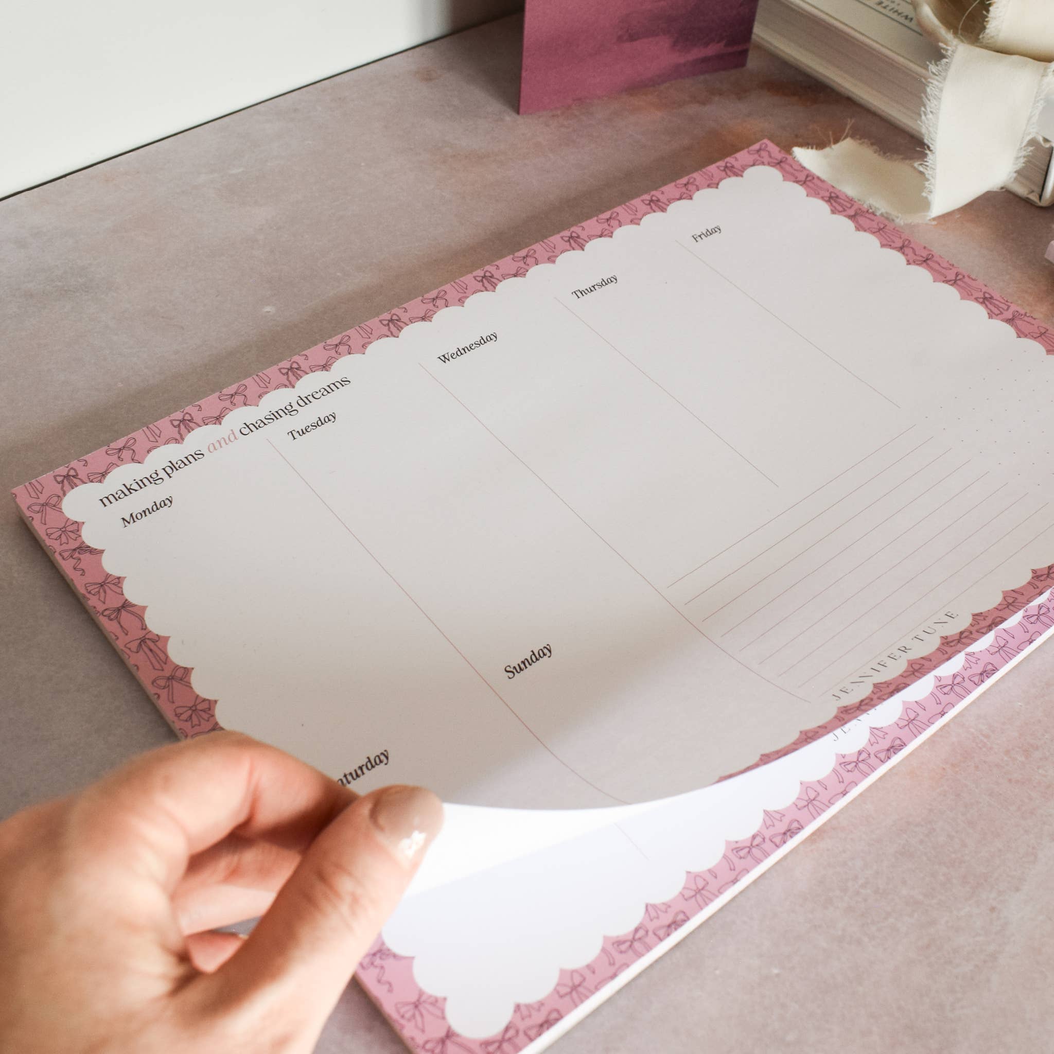 Jennifer Tune - Wholesale Notepad - Pink A4 Weekly Planner Pad with Bows Design8