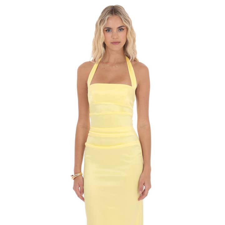 Lucy In The Sky - Wholesale Dress - Women's - Satin Halter Maxi Dress in Yellow
