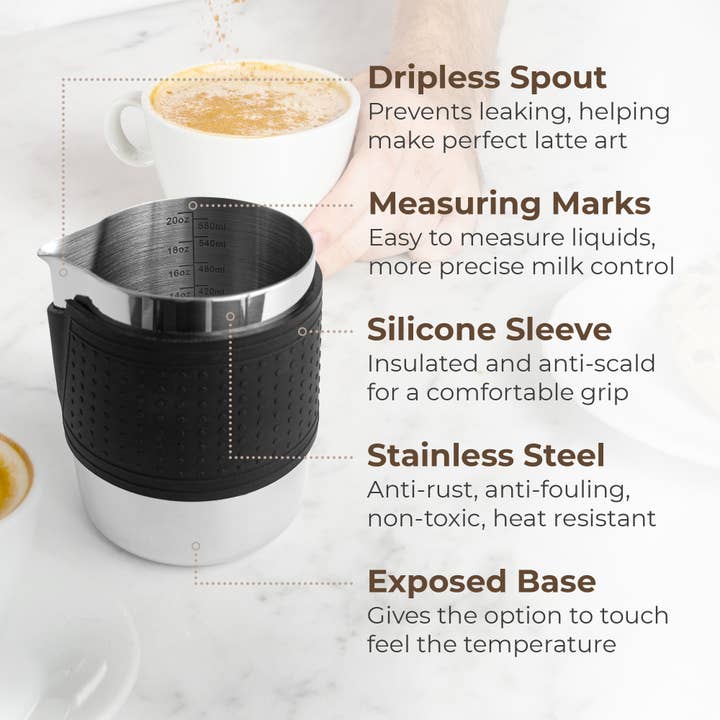 Kaffe – wholesale Pitcher – Stainless Steel Milk Frothing Pitcher (20oz) - Silicone Slv