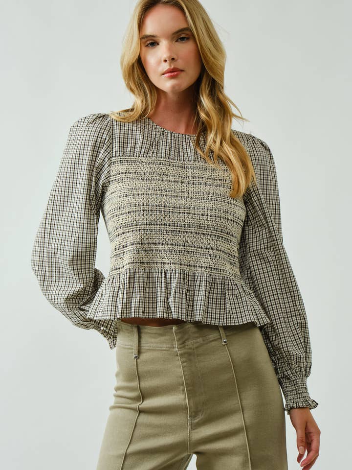 AJT5297 SPECIAL SMOCKING LOVELY RUFFLE PLAID BLOUSE for wholesale by Aaron & Amber