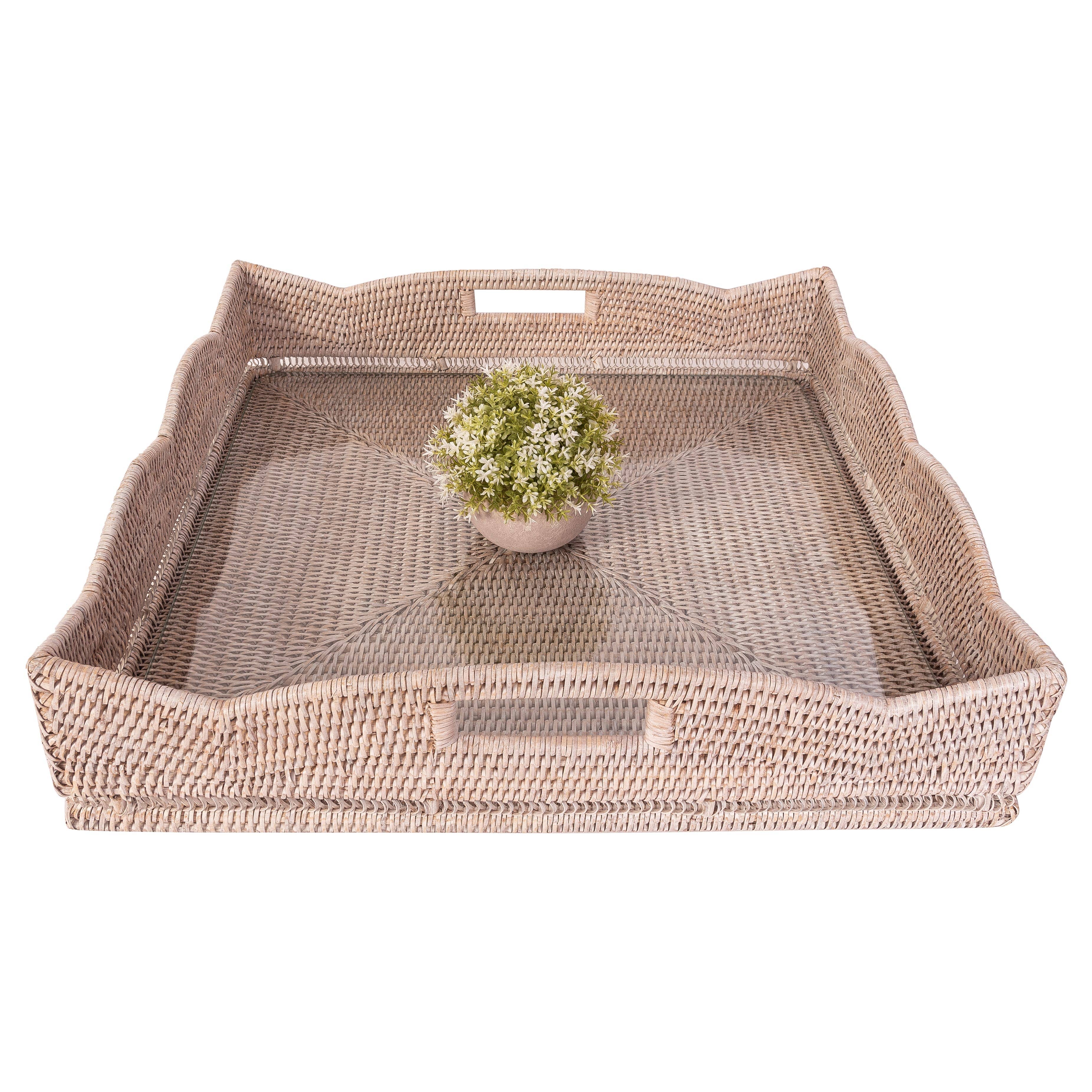 Artifacts Trading Company - Wholesale Decorative Tray - Rattan Scallop Square Tray with Glass Insert4