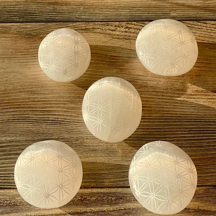 Etched Selenite Palm Stone - Grid (Crystals & Stones) for wholesale by Pebble House