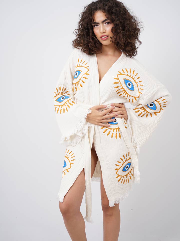 Handgemaakte Boze Oog Midi Maat Kimono voor wholesale door Bodho