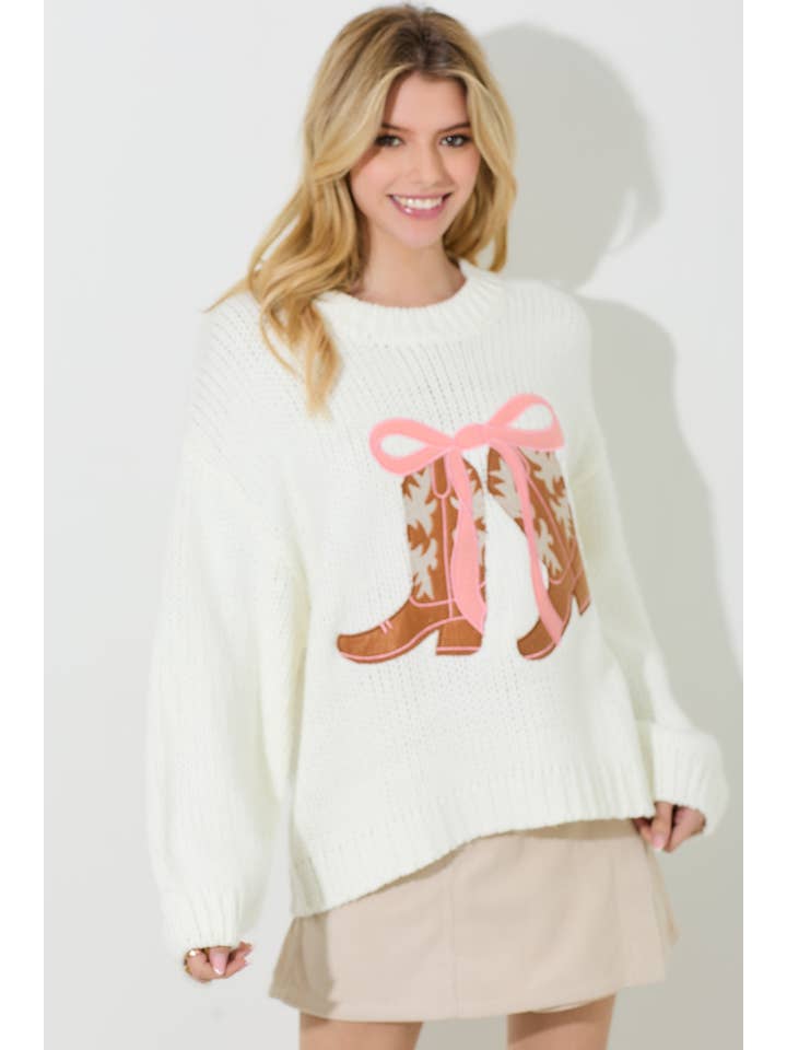 Baevely by Wellmade USA - Wholesale Knit Sweater - Women's - COWBOY BOOTS WITH RIBBON KNIT SWEATER