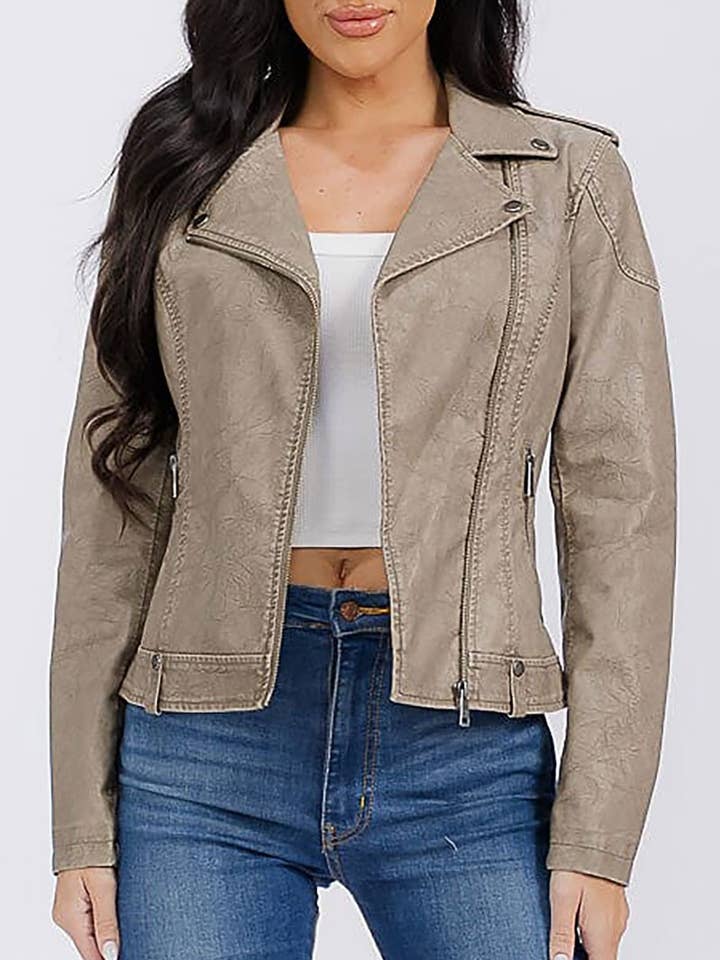 ROUSSEAU - Wholesale Leather Jacket - Women's - SOLID PU PLEATHER ZIP UP DRAPED MOTO JACKET1