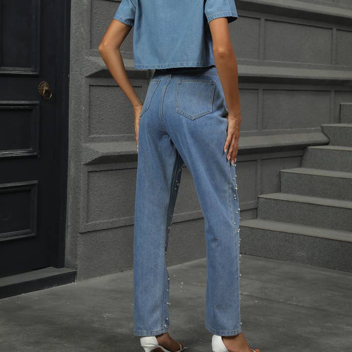 Blue Stylish High-Waisted Pearl Straight-Leg Jeans for wholesale on Faire3