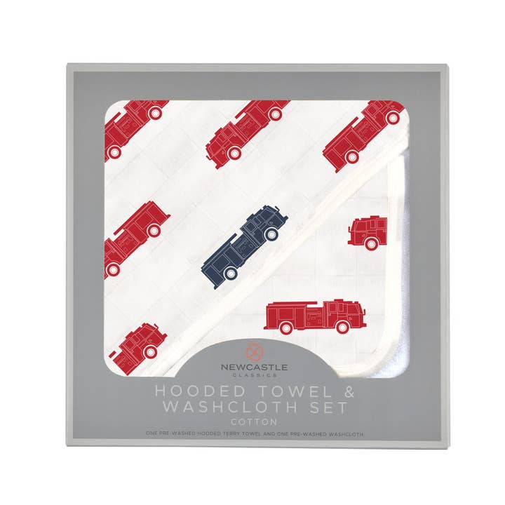Newcastle Classics – wholesale Towel set – Blue and Red Fire Trucks Hooded Towel and Washcloth Set1