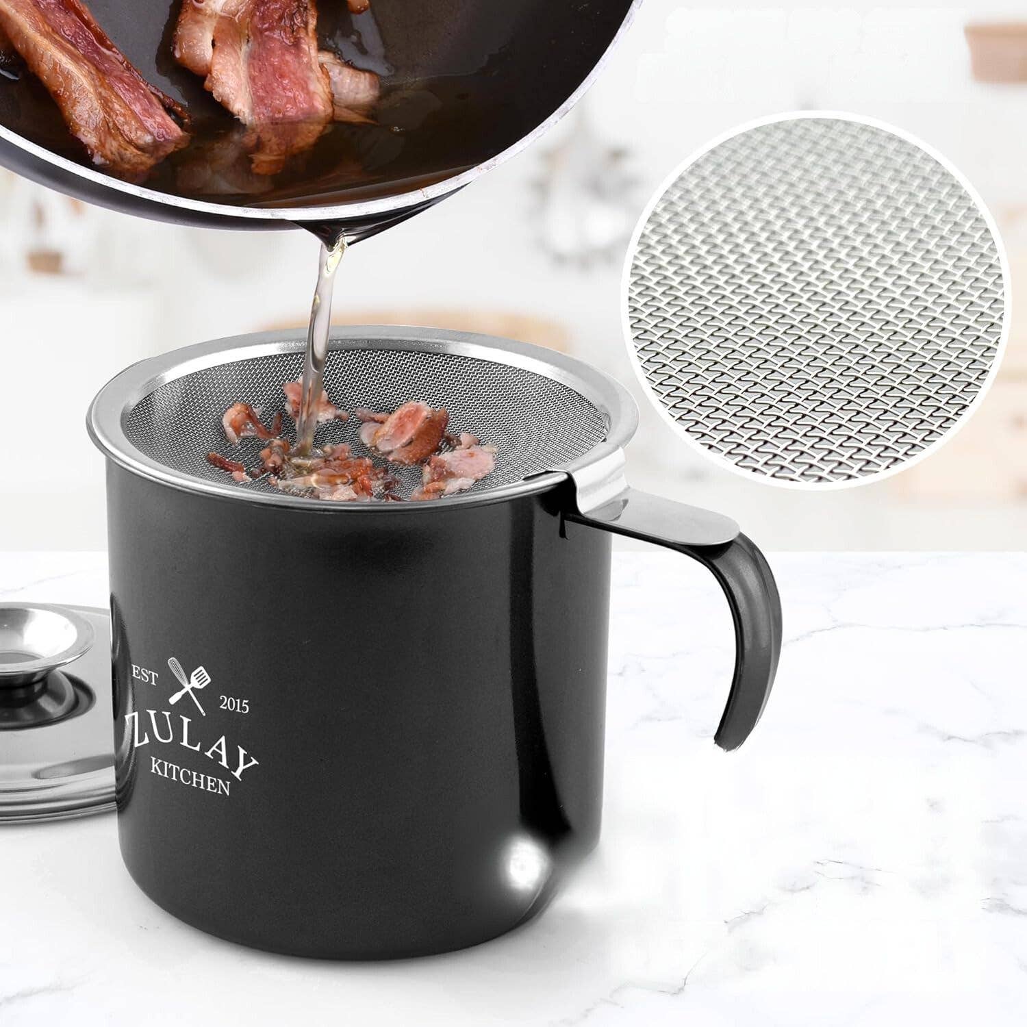 Zulay Kitchen - Wholesale Food Storage Container - Bacon Grease Container With Strainer & Lid - 1 Liter11