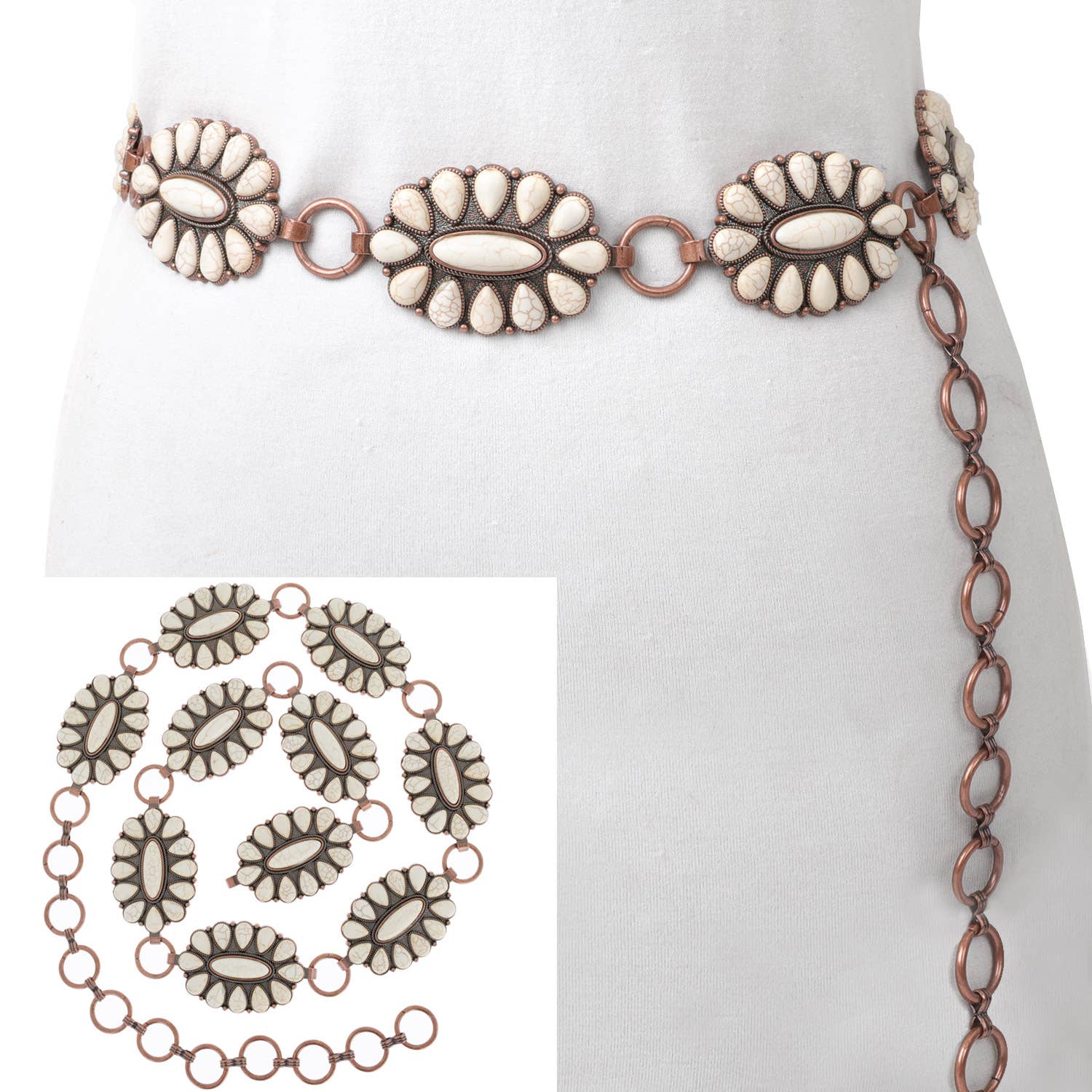 SP Sophia Collection - Wholesale Belt - Women's - Western Style Semi Stone Squash Blossom Chain Link Belt0