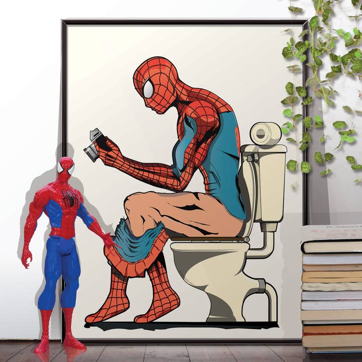 Spider-Man on the Toilet, fun art print. for wholesale by In The Washroom