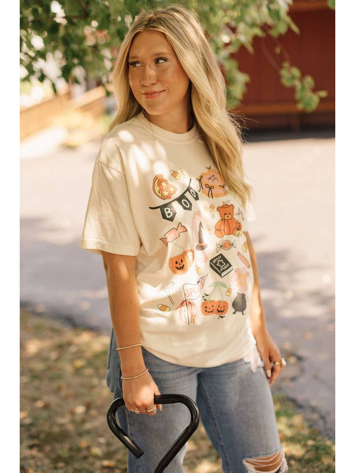 Whitney | Chaudoin Creations - Wholesale Screen Printed T-Shirt - Women's - Boo Halloween Collage Graphic Tee1