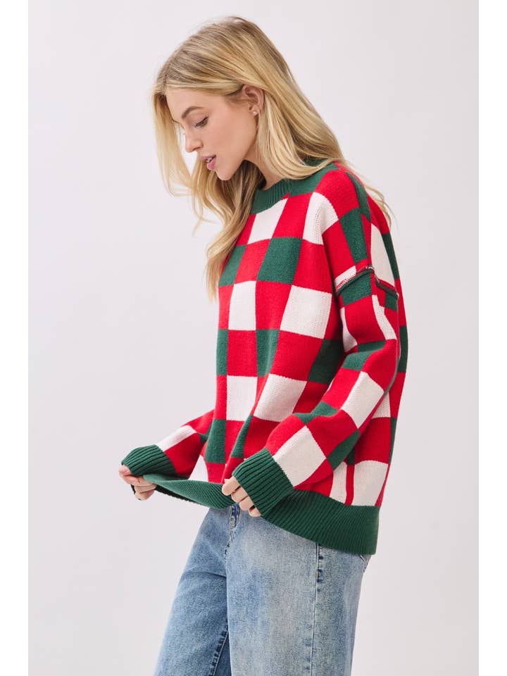 RED COMBO Oversized Checkered Christmas Sweater for wholesale on Faire6