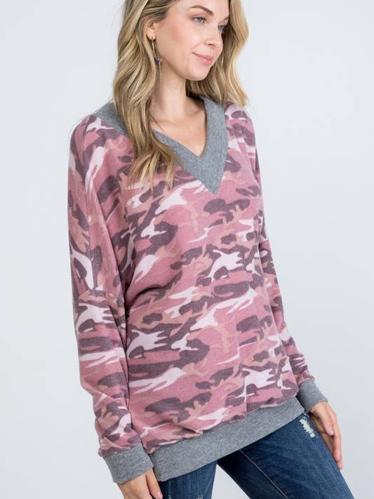 Brushed Sweater Animal Print Deep V-Neck Top for wholesale by Rose Mellow Fashion