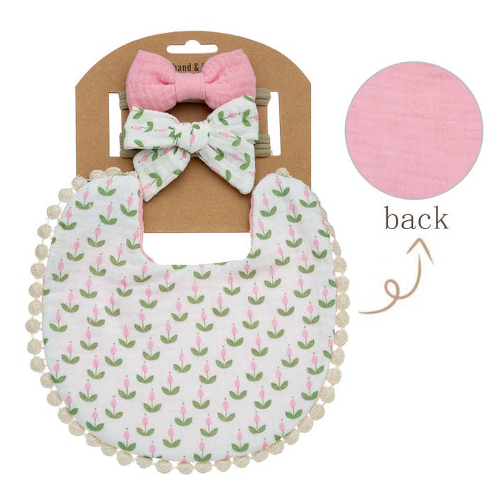 Little Trendy - Wholesale Bib - Baby - Baby Floral cotton Waterproofer Bib and Bows headband Sets