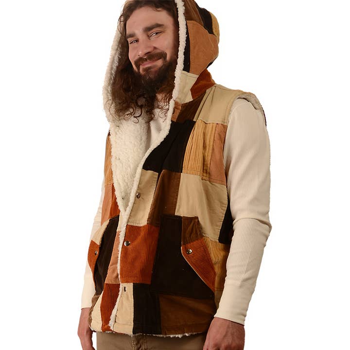 Patchwork Corduroy Sherpa Fleece Lined Hooded Vest for wholesale by Gypsy Rose