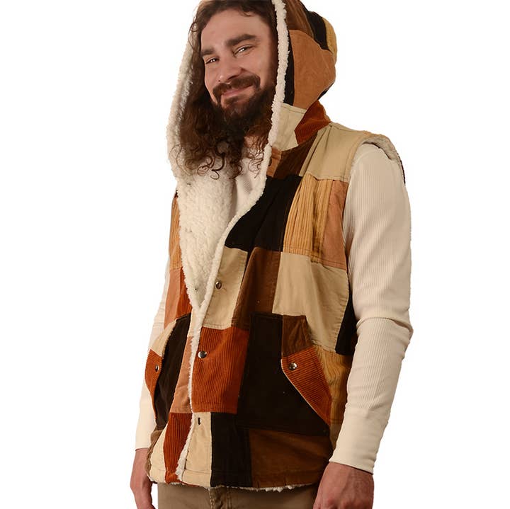 Patchwork Corduroy Sherpa Fleece Lined Hooded Vest for wholesale by Gypsy Rose