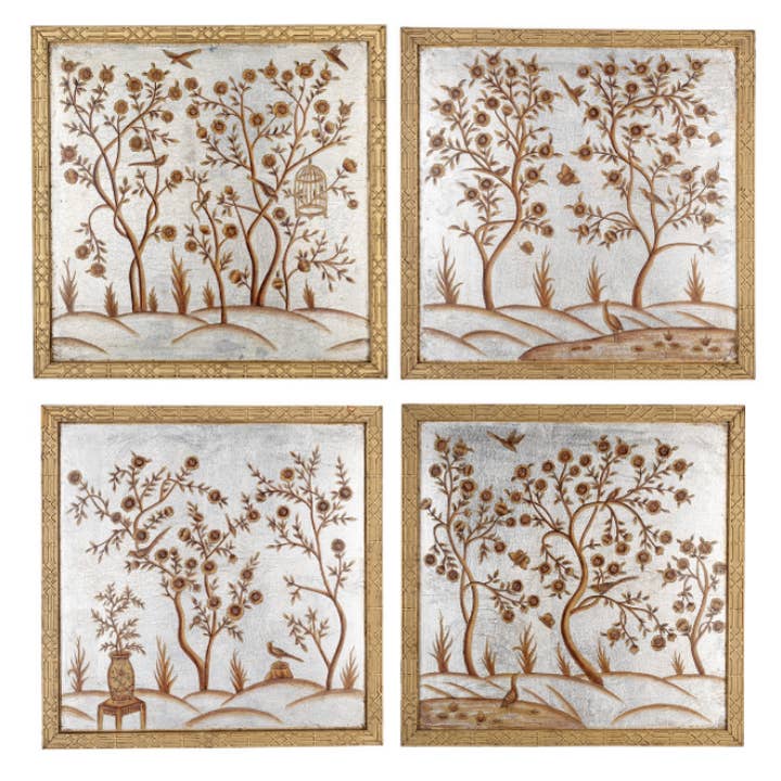 Pewter and Gold CHINOISERIE MURAL WITH GOLD FRETWORK FRAME for wholesale by The Enchanted Home