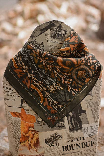 Tirzah Lane Art - Wholesale Scarf - Women's - Western Harvest in Deep Juniper Silk Cowgirl Wild Rag Scarf5
