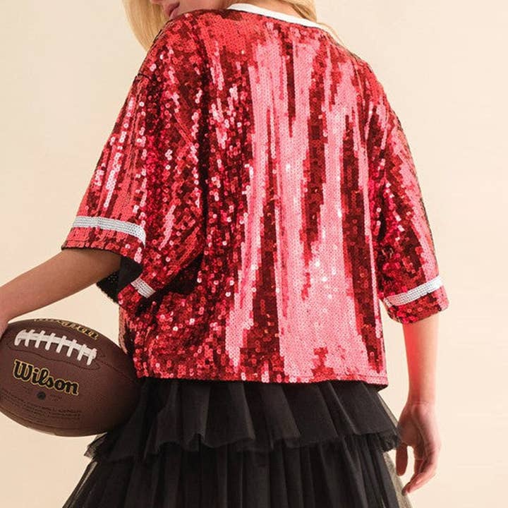 Rosa Clothing - Wholesale T-Shirt - Women's - Sequin Rugby Loose Crew Neck T-Shirt6