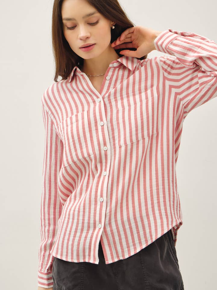 STRIPED COTTON GAUZE BUTTON UP TOP for wholesale by Be Cool