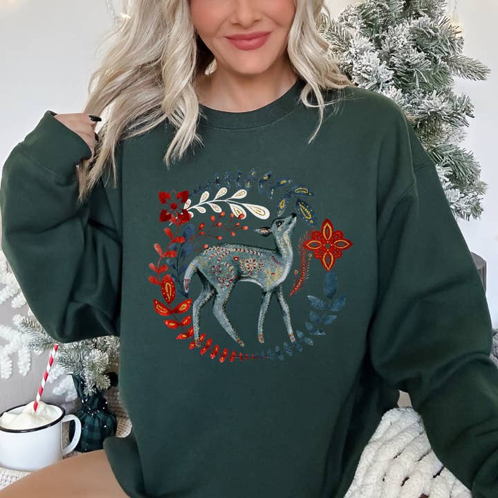 Refinery Number One LLC – wholesale Graphic sweatshirt – Women’s – Deer Folk Art Scandinavian Christmas Sweatshirt2