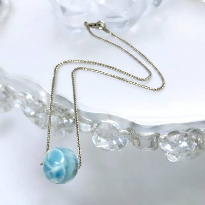 Colar de Pedra Preciosa Larimar Esférica Rara de 17mm, Colar de Bola Redonda de Larimar da República Dominicana, Joia de Prata com Pedra Curativa por atacado de Akstar Gems