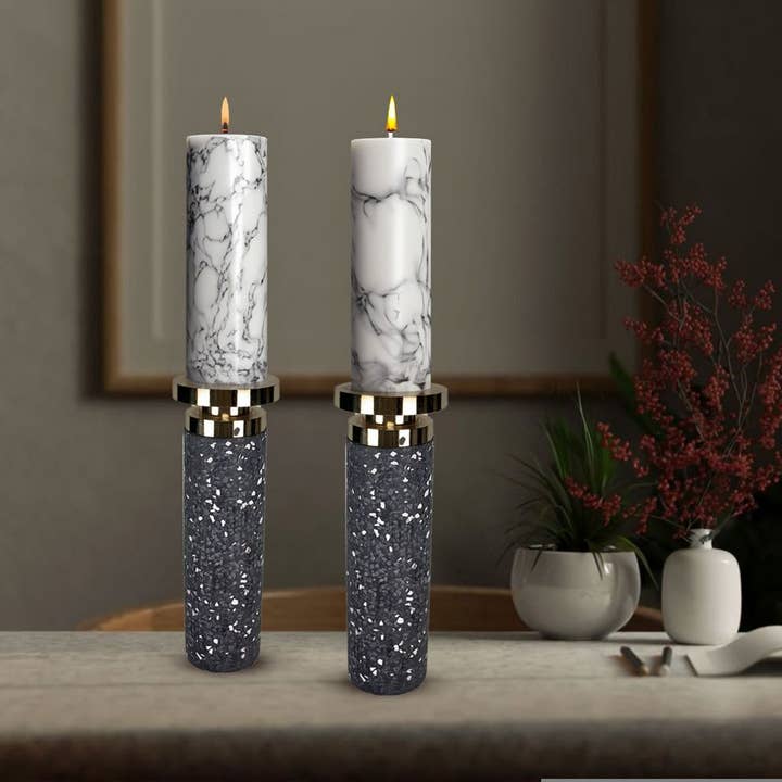 Aria Home – Engroshandel Lyseholder – Sæt med 2 guld cylinder lysestager - Moderne dekorative lysestager med splatter finish til middag