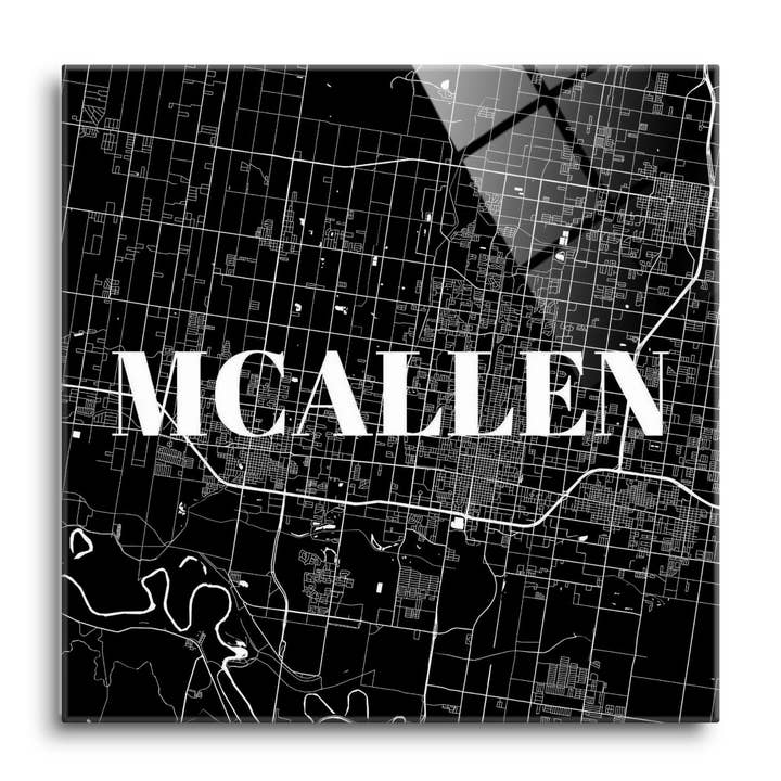 Minimalistic B&W Texas Mcallen Map |12x12 Glass Plaque for wholesale by Love Local