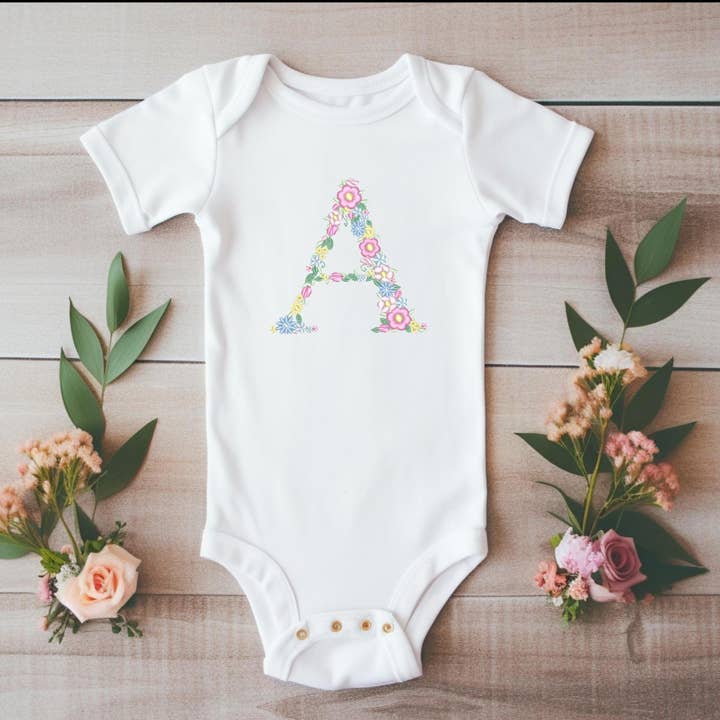 Personalized Embroidery Floral Baby Girl Onesie for wholesale by Embroidery by BUBE