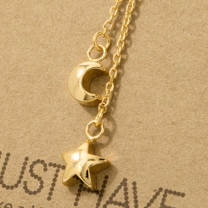 Fame Accessories - Wholesale Pendant/Charm Necklace - Gold Dipped Mini Moon And Star Lariat Y Necklace3
