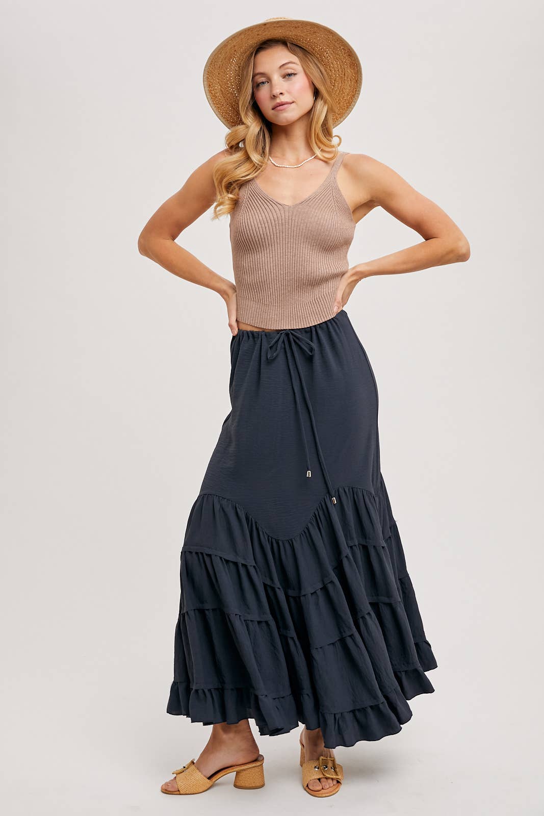 Bluivy - Wholesale Skirt - Women's - RUFFLED DRAWSTRING WASIT MAXI SKIRT WITH LINING19