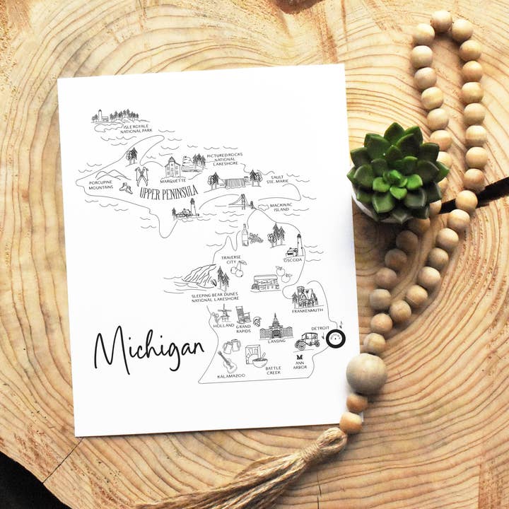 Skisstryck av Michigan - karta och intressanta platser för wholesale av Simply Sketch Studio