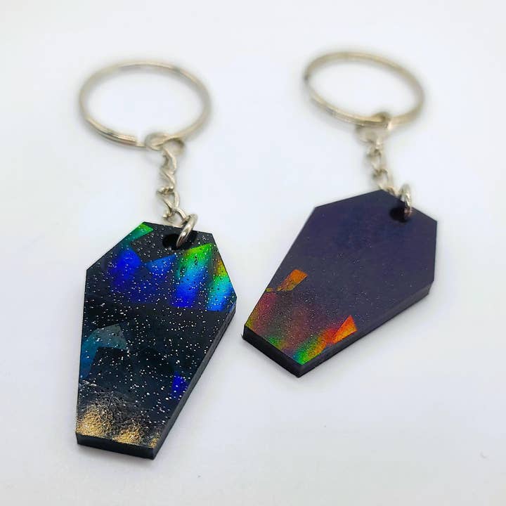 Eco-Friendly Holographic Resin Coffin Key Chain for wholesale by Slightly Askew Art