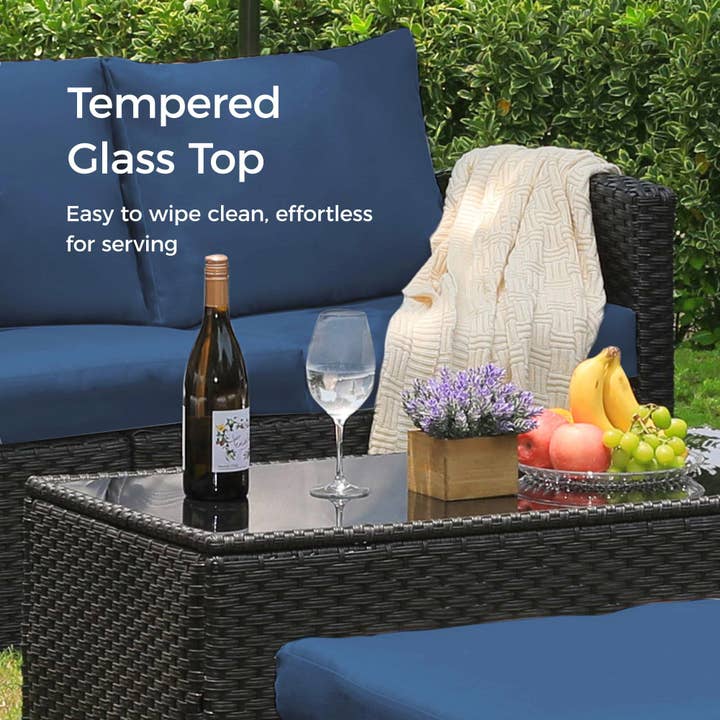 Blue 6 Pcs PE Rattan Outdoor Furniture with Table and Ottomans for wholesale on Faire3